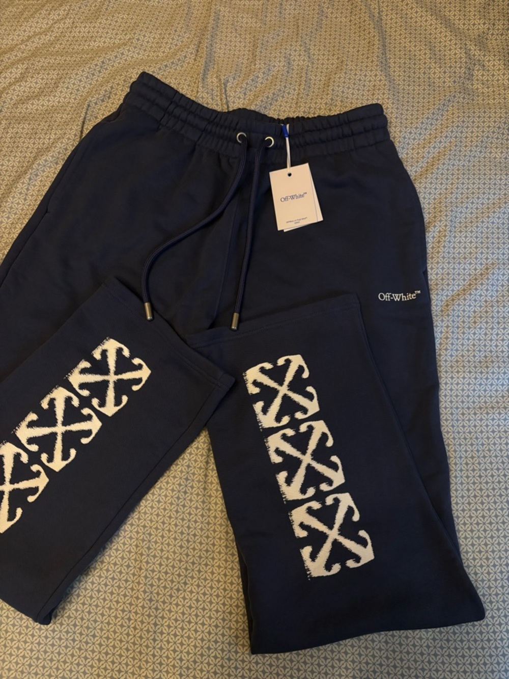 Off-White Navy Joggers with White Cross Arrow Panels